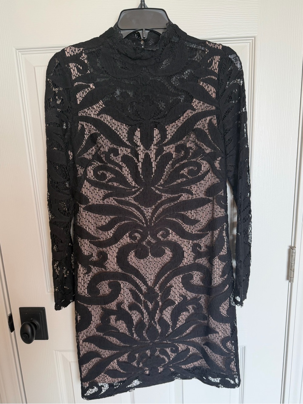 Adrianna Papell Black Lace Long-Sleeve Sheath Dress with Nude Lining